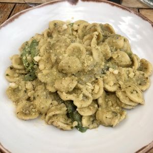 Orecchiette with walnut pesto, Parmesan and asparagus .  at Peachy Goat in South East London