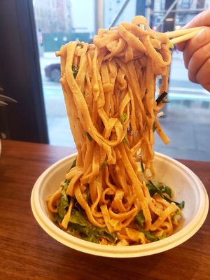 Sesame noodles tossed in a tahini-peanut butter sauce. at The Dumpling Shop in New York City