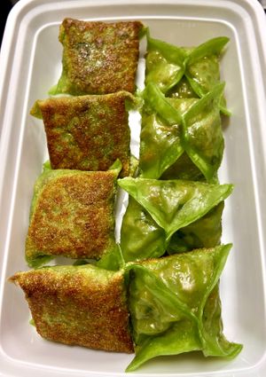 Veggie Dumplings.  Five different vegetables seasoned with Chinese five-spice.  100% plant-based. at The Dumpling Shop in New York City