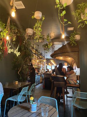 Eating area at Ras Plant Based in Brooklyn