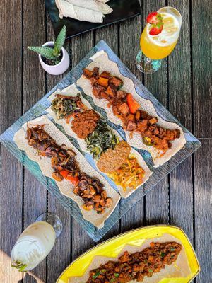 Ras Tibs (sautéed Seitan), mushrooms, vegan platter, Mama’s Tofu at Ras Plant Based in Brooklyn