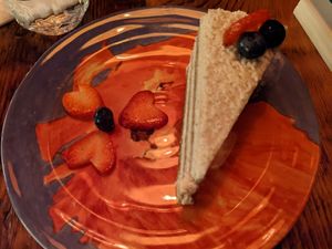 Coconut leche cake at Ras Plant Based in Brooklyn