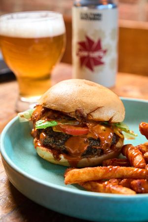 Brunch (home made lentil burger) at Ras Plant Based in Brooklyn