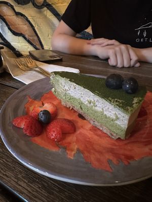 Raw matcha dessert at Ras Plant Based in Brooklyn
