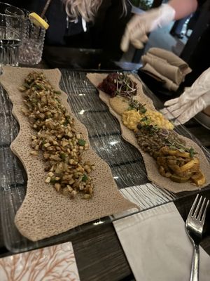 Dulet and piassa platter  at Ras Plant Based in Brooklyn