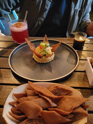 Lentil dip, sorrel drink and a coffee ☕️ at Ras Plant Based in Brooklyn