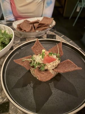 Lentil dip with injera chips  at Ras Plant Based in Brooklyn