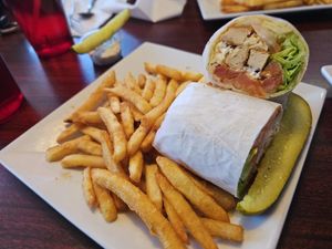 Crispy chicken wrap with vegan mayo and fries at Silver Spoon Diner in Clarks Summit