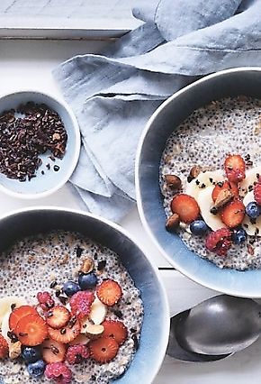 VEGAN Chia-Oat Bircher, w/ nut milk, seasonal fruit, cacao nibs & roasted almonds at Ruby's Diner in Queens Park