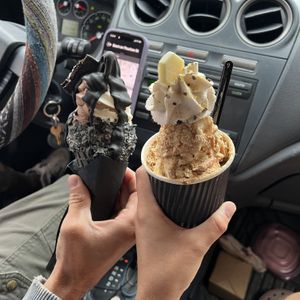 Brand Spanking in a cone and Dirty Blonde in a cup (white chocolate on top not vegan, got it exchanged for a pretzel after I noticed)  at PERVERTED in Vancouver