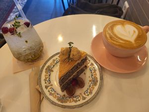 Passionfruit ade (SO good), cake, almond latte at Ma Pause in Seoul