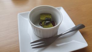 Deserr: matcha mochi with syrup  at Taom in Hakodate