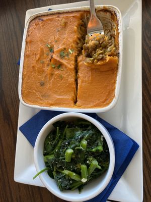 Vegan shepherds pie with garlicky greens  at Fenton River Grill in Mansfield