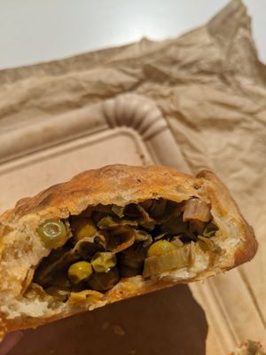 Filled with peas artichoke and traditional Mallorcan spices at Fornet de la Soca in Mallorca