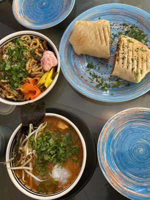 “Ramdon” from Parasite, Seitan “ribs” wrap, kimchi jjigae at Falla - Maybe closed in Lodz