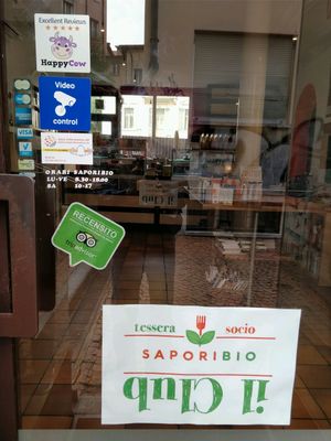 awarded the HappyCow 5 stars EXCELLENT reviews decal at SaporiBio in Lugano