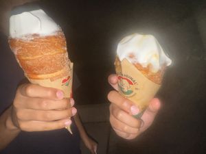Strawberry shortcake and apple pie sundaes in chimney cones. For those curious about the cones, they taste exactly like churros.  at Guerrilla Burger in Toronto
