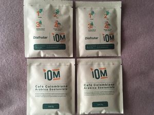 One-cup coffee packets that they make and sell   at Iom Cocina Plant-Based in Bogota