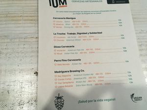 Vegan beer list   at Iom Cocina Plant-Based in Bogota