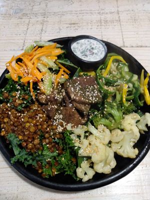 Custom bowl with tempeh & more at Iom Cocina Plant-Based in Bogota