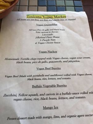 vegan menu as of 7/14/20 at Texicana Grill in Bellmore