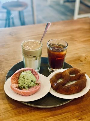 Dalgona cashew milk coffee, black coffee, dorayaki with matcha ice cream, cinnamon pretzel 🥨  at Kood Kolaborasi Untuk Desa in Denpasar