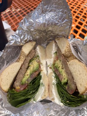 Vegan cream cheese and impossible sausage   at Nervous Charlie's Bagels - Austin in Austin