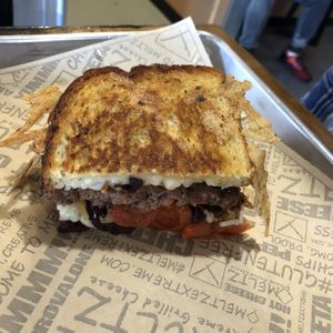 Vegan grilled cheese with a BeyondMeat patty at Meltz in Coeur D Alene