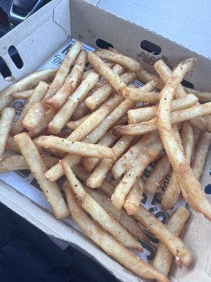Fries ordered as vegan (they omit the ranch flavoring and use salt and pepper instead).  Best fries we’ve had in a long time!!  at Meltz in Coeur D Alene