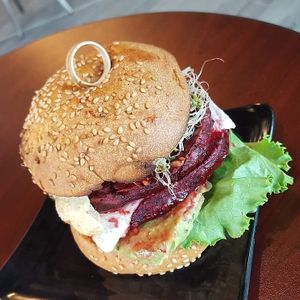 Deluxe burger at Copper Branch in Vancouver