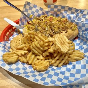 Vegan Cheese Steak with Waffle Fries at Food Factory in Fairbanks