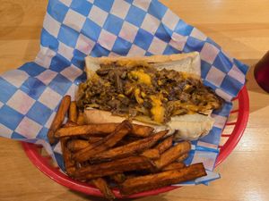 Original cheesesteak (daiya) + sweet potato fries at Food Factory in Fairbanks