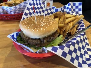 Impossible Burger w/ Daiya Cheese & Fries at Food Factory in Fairbanks