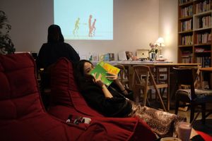 Bean bag chair things and the interior  at Feminism Book Cafe Doing in Seoul