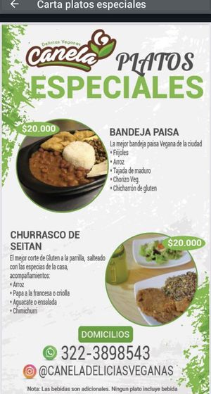 Menu at Canela Delicias Veganas in Bogota