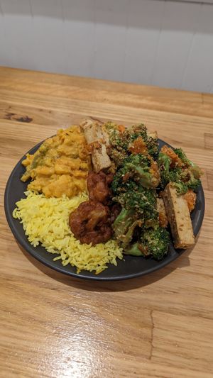 Satay vegies, cauli pakora, tofu veg salad at Govindas in Coolangatta