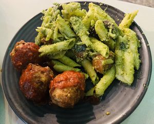 Pesto pasta and kofta balls with tomato chutney   at Govindas in Coolangatta
