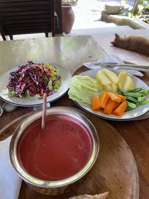 Beetroot soup and boiled veggies with salad  at Cafe Durga in Unawatuna