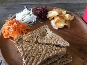 breakfast toast, veggies, chips at Cafe Durga in Unawatuna