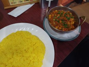 Chana massala with yellow rice at Namaste Himal in Tokyo
