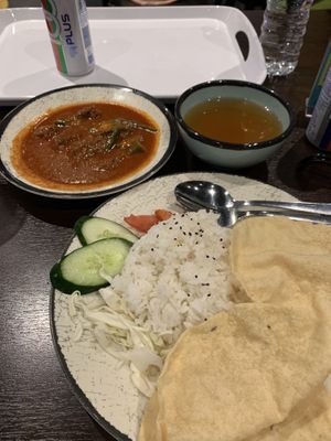 Nyonya vegetarian curry mutton, come with rice and soup. The nyonya curry taste good but spicy.  at VegTalk in Genting Highlands