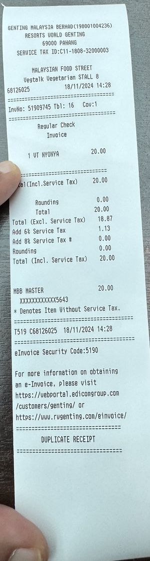 Receipt  #Veganuary at VegTalk in Genting Highlands