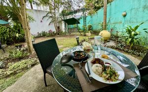 Lunch in the gardenn  at Loving Hut in Abidjan