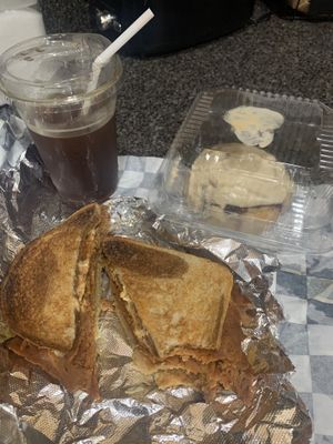 Iced coffee- cinnamon bun & RUBY sandwich everything was good 👍🏽   at Grindcore House - West Philly in Philadelphia