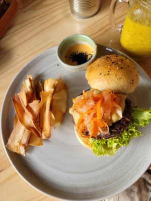vegan hamburguesa with lentil patty, very juicy and delicious! at INA Restaurante in Medellin