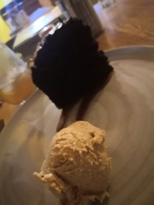 Chocolate cake with ice cream at INA Restaurante in Medellin