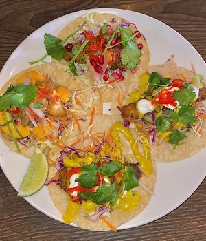 Tacos - Popcorn prawn, charred lam’, roasted celeriac katsu  at Vandal in Newtown