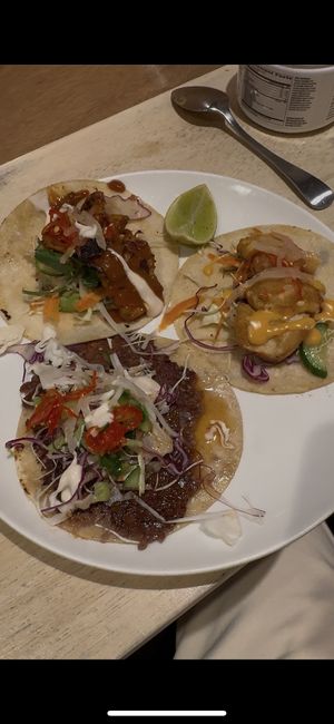 Smashed “beef” taco, popcorn “shrimp” taco and a seared “chicken” taco. Absolutely divine    at Vandal in Newtown