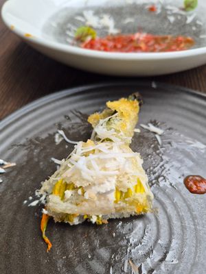 Stuffed zucchini flowers (3) $21: cheese was ok, decent amount but not much taste, lovely tempura coating at Vandal in Newtown