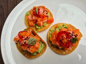 Tuna tartare tostada (3) $16: cubes of tuna, really lovely and fresh
 at Vandal in Newtown